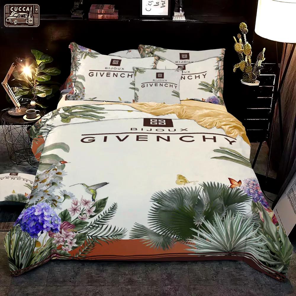 White flowers givenchy bedding sets luxury brand bed sets, bedroom sets, comforter sets, duvet cover, bedspread for home decor trending 2023 for home Bedding Sets