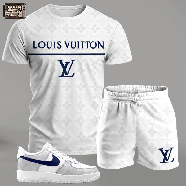 White minimalist streetwear set for men, logo-print t-shirt and shorts combo with blue-accent sneakers T-Shirt Short Sneakers Set