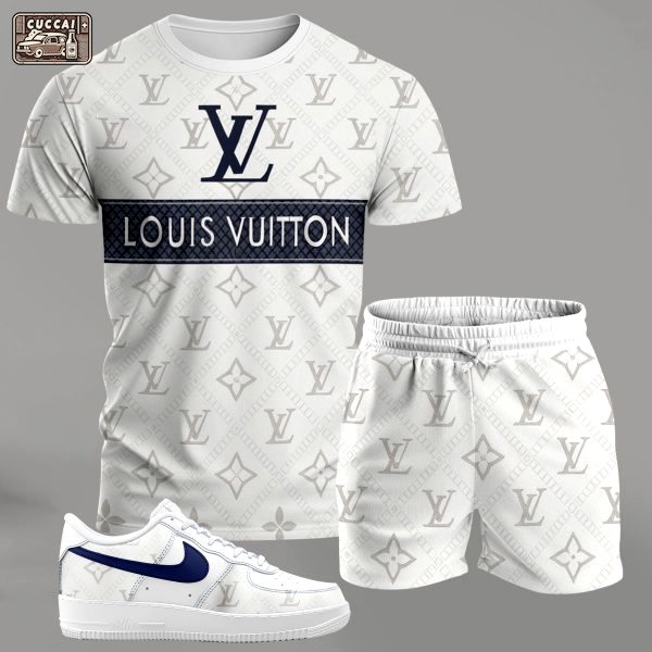 White monogram streetwear set for men, contrast stripe t-shirt and matching shorts with blue-accent sneakers T-Shirt Short Sneakers Set