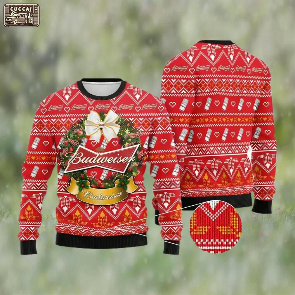 Wreath budweiser beer ugly christmas sweater, faux wool sweater, gifts for beer lovers, international beer day, best christmas gifts for 2022 ? prinvity Christmas Ugly Sweater
