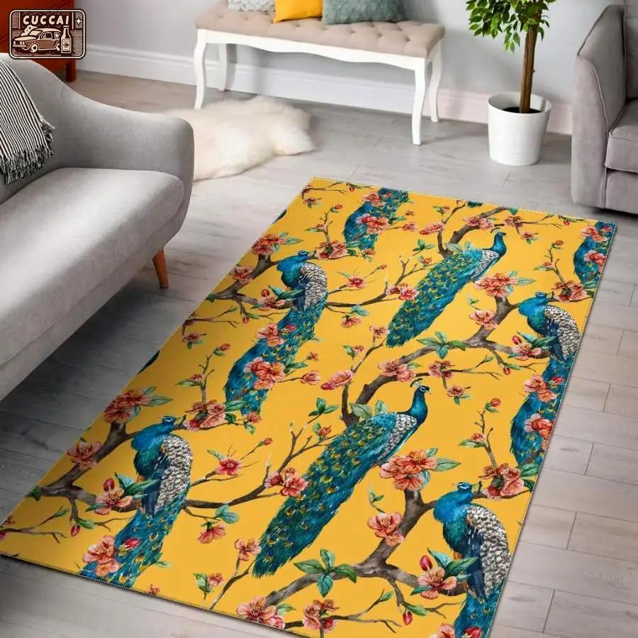 Yellow peacock floral pattern print area rug living room rug home decor Rectangle Rug