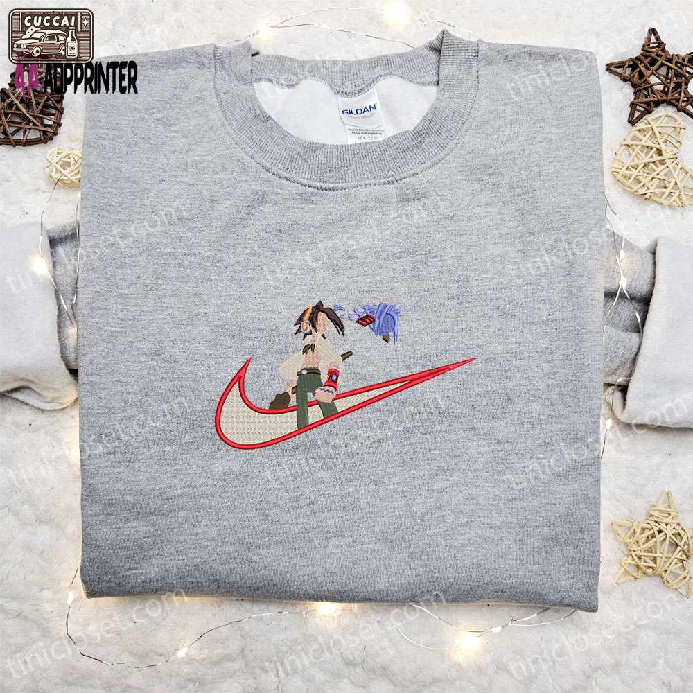 Yoh asakura x swoosh embroidered sweatshirt shaman king shirt – best family gift ideas Embroidered Shirt