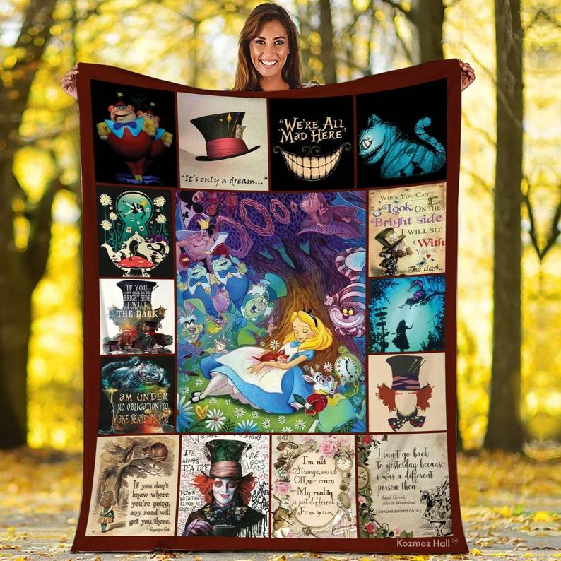 Alice in wonderland fleece blanket, alice cheshire blanket, alice in wonderland we're all mad here, christmas gifts, birthday gifts Quilt Blanket