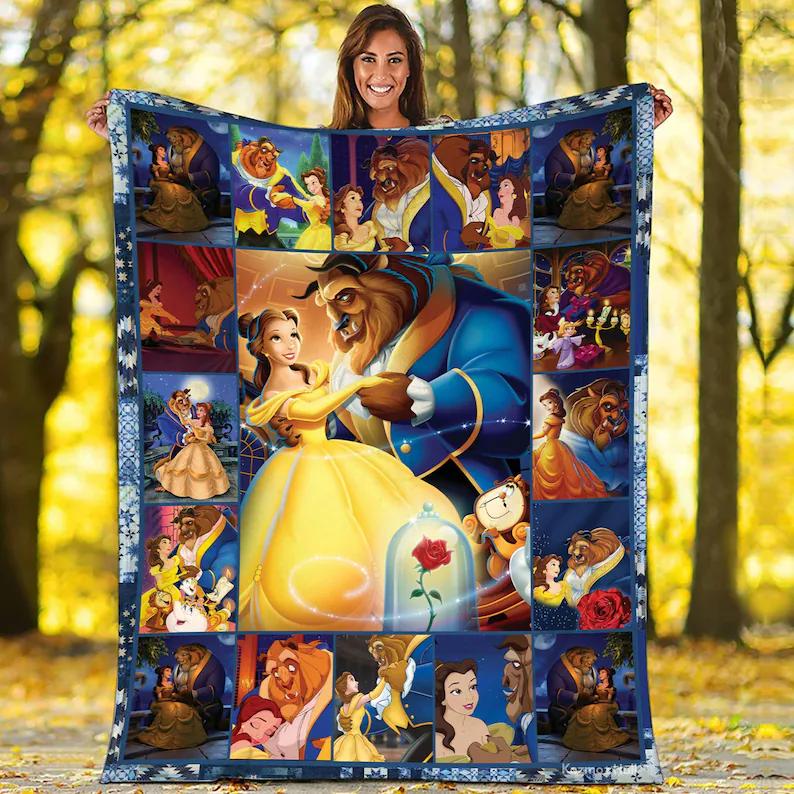 Beauty and the beast fleece blanket, belle princess and the beast blanket, christmas gifts, birthday gifts for kids Quilt Blanket