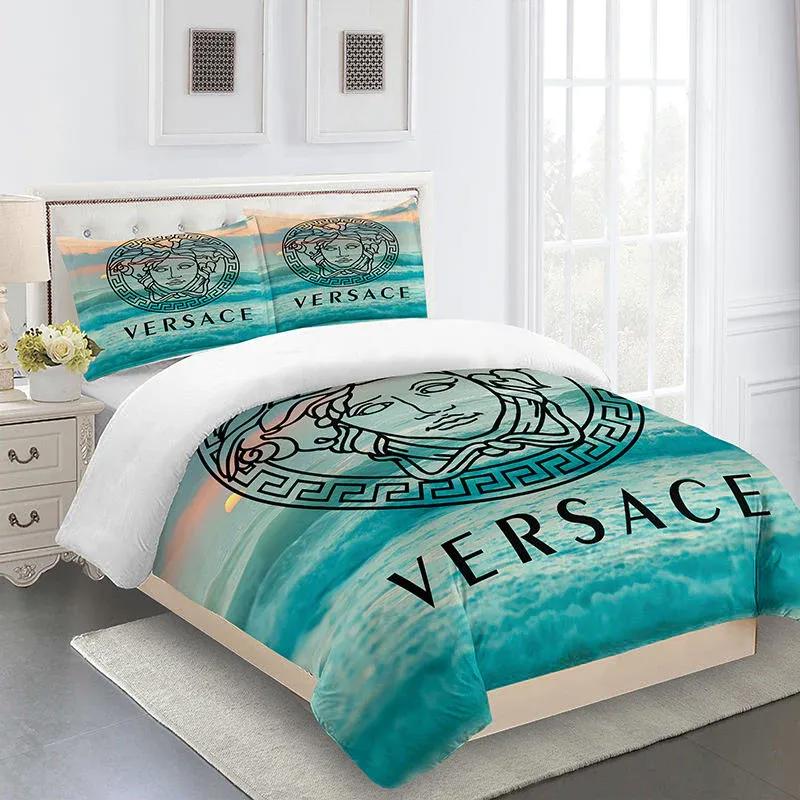 Blue sea versace logo luxury brand high end premium bedding set for bedroom luxury bedspread duvet cover set with pillowcases home decoration Bedding Sets