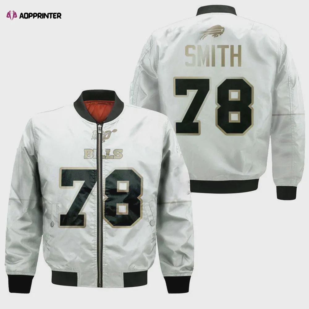 Buffalo bills bruce smith pattern bomber jacket – white Bomber Jacket