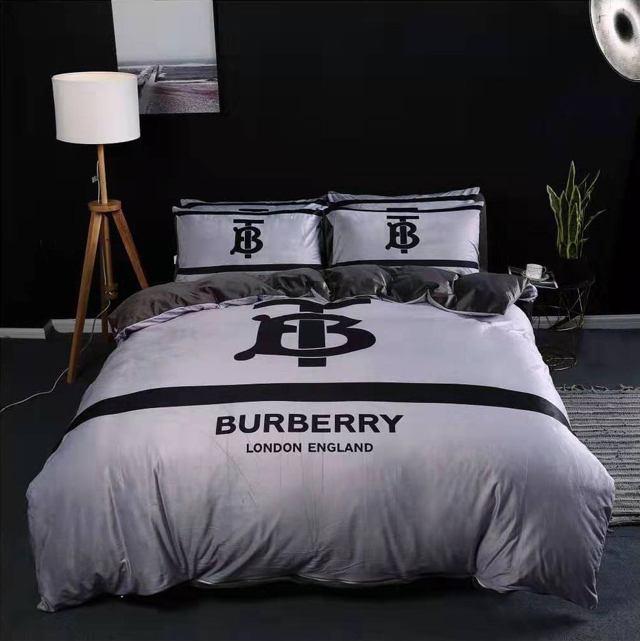 Burberry grey luxury logo fashion brand premium bedding sets, bedroom decor , thanksgiving decorations for home Bedding Sets