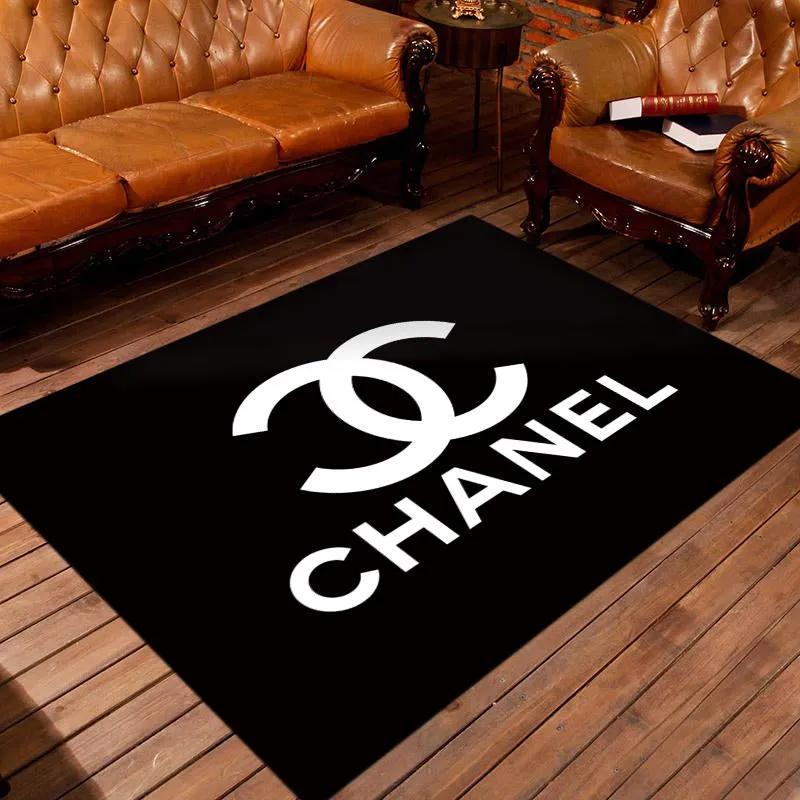 Chanel black logo type 1038. Upgrade Your Living Room with Luxury Home Decor: Area Carpets, Floor Decor, Door Mats, and Hot Gift Items with style a High-End Fashion Brand Rectangle Rug