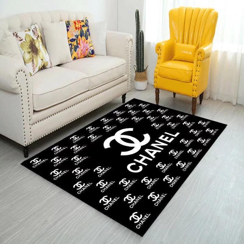 Chanel black logo type 246. Upgrade Your Living Room with Luxury Home Decor: Area Carpets, Floor Decor, Door Mats, and Hot Gift Items with style a High-End Fashion Brand Rectangle Rug
