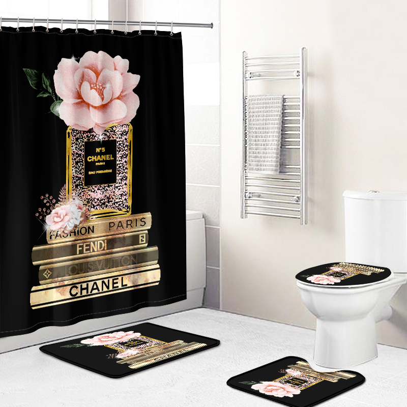 Chanel fendi louis vuitton paris logo type 1294 Bathroom Accessory Sets Waterproof Shower Curtain Hypebeast Bathroom Pedestal Rug Bath Mat Set Toilet Cover Luxury Fashion Brand Home Decor Bathroom Sets