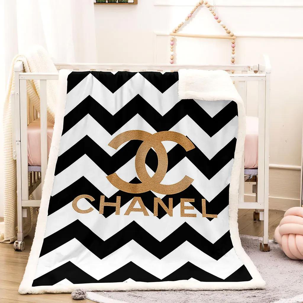 Chanel golden logo black white ziczac luxury brand premium blanket fleece home decor 9 Blanket Fleece