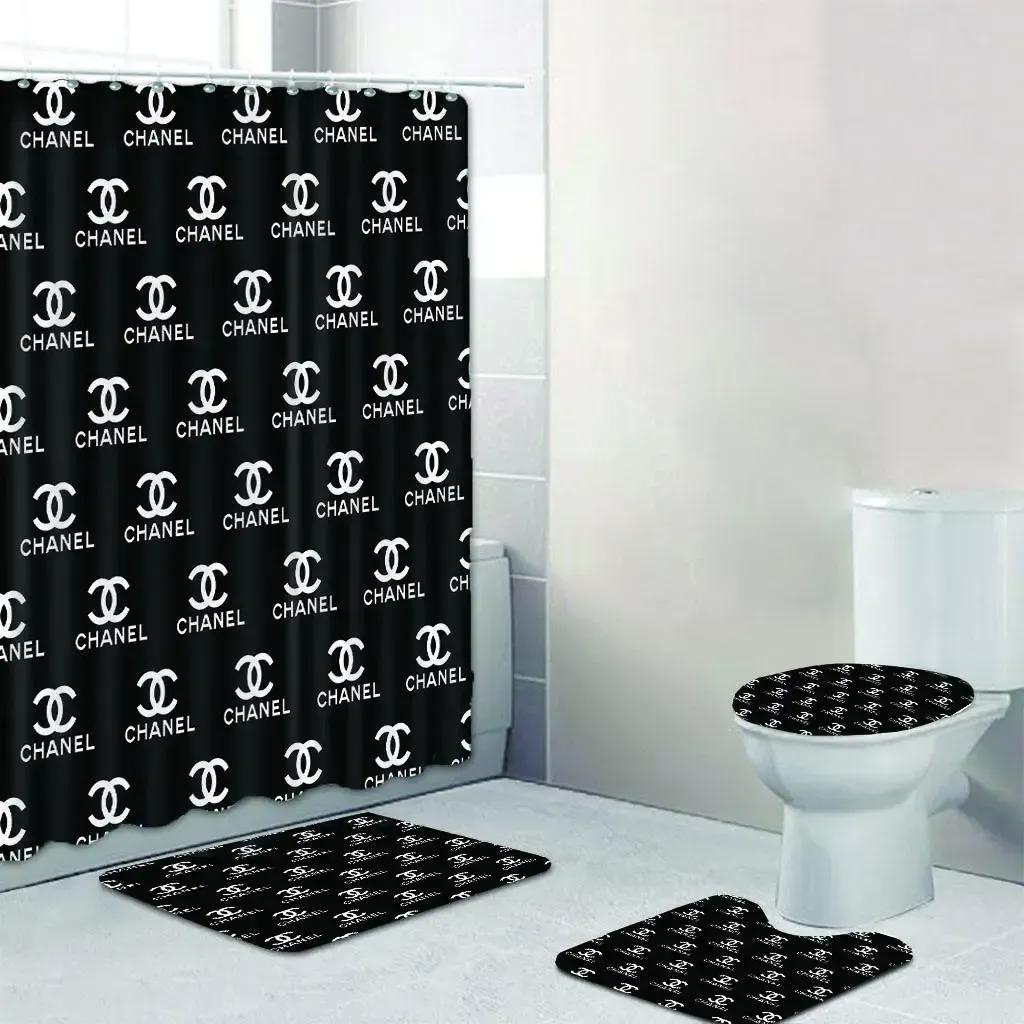Chanel logo type 1054 Bathroom Accessory Sets Hypebeast Bathroom Waterproof Shower Curtain Toilet Cover Bath Mat Set Bathroom Sets Home Decor Luxury Fashion Brand Pedestal Rug