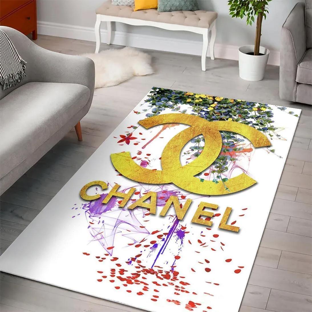 Chanel paint golden logo type 9. Upgrade Your Living Room with Luxury Home Decor: Area Carpets, Floor Decor, Door Mats, and Hot Gift Items with style a High-End Fashion Brand Rectangle Rug