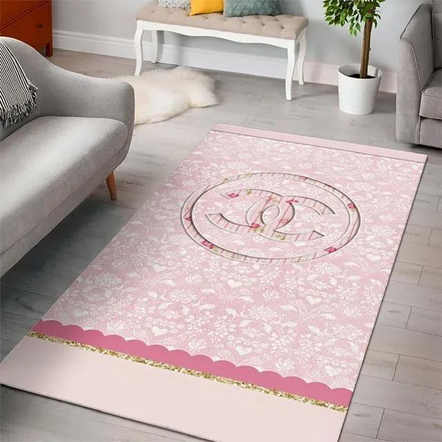 Chanel pinky logo type 21. Upgrade Your Living Room with Luxury Home Decor: Area Carpets, Floor Decor, Door Mats, and Hot Gift Items with style a High-End Fashion Brand Rectangle Rug