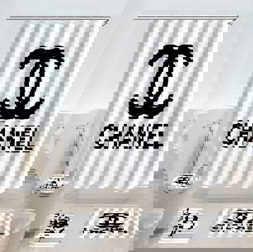 Chanel white logo type 1635 Bathroom Accessory Sets Waterproof Shower Curtain Bathroom Sets Pedestal Rug Home Decor Luxury Fashion Brand Bath Mat Set Hypebeast Bathroom Toilet Cover