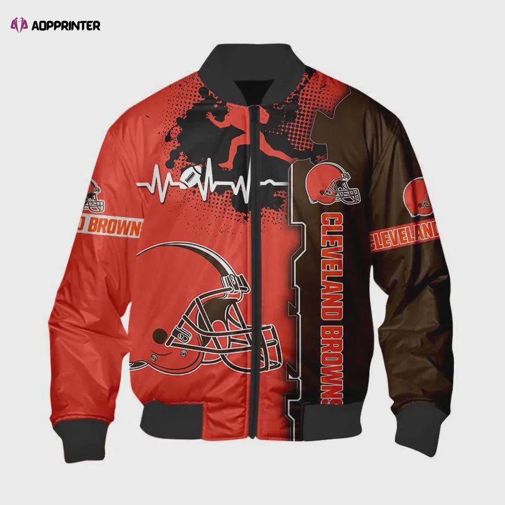Cleveland browns heart ecg line pattern bomber jacket – orange brown Bomber Jacket