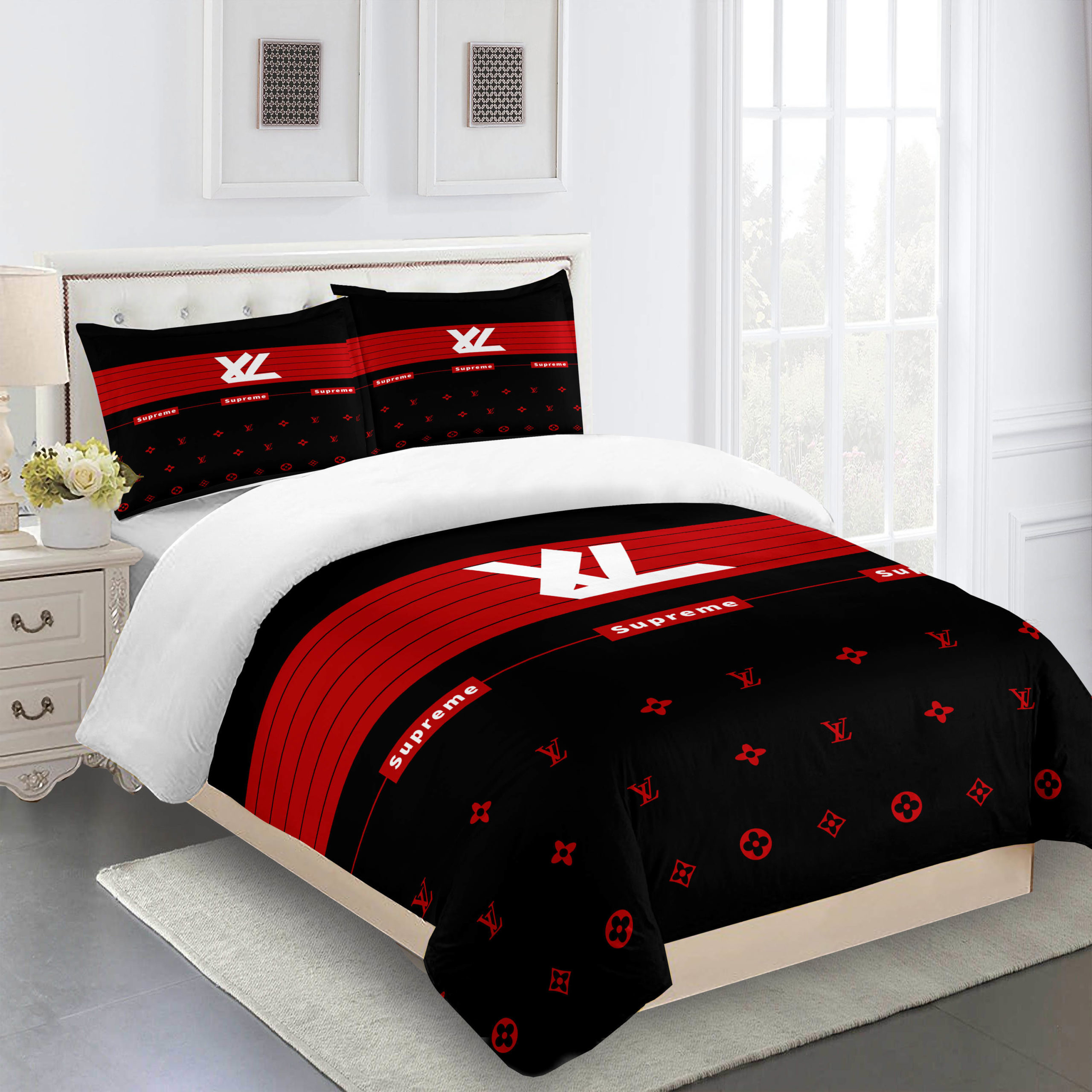 Comforter sets full red and black louis vuitton bedding set Bedding Sets