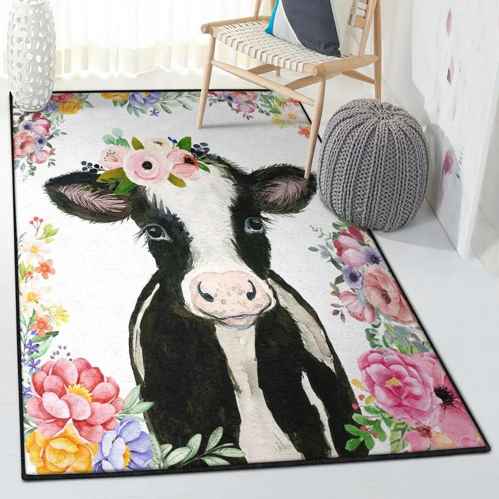 Cow large living room rugs, floral cute cow rug Rectangle Rug