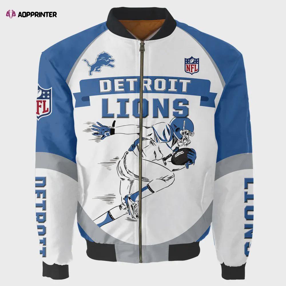 Detroit lions players running logo pattern bomber jacket – white and blue Bomber Jacket