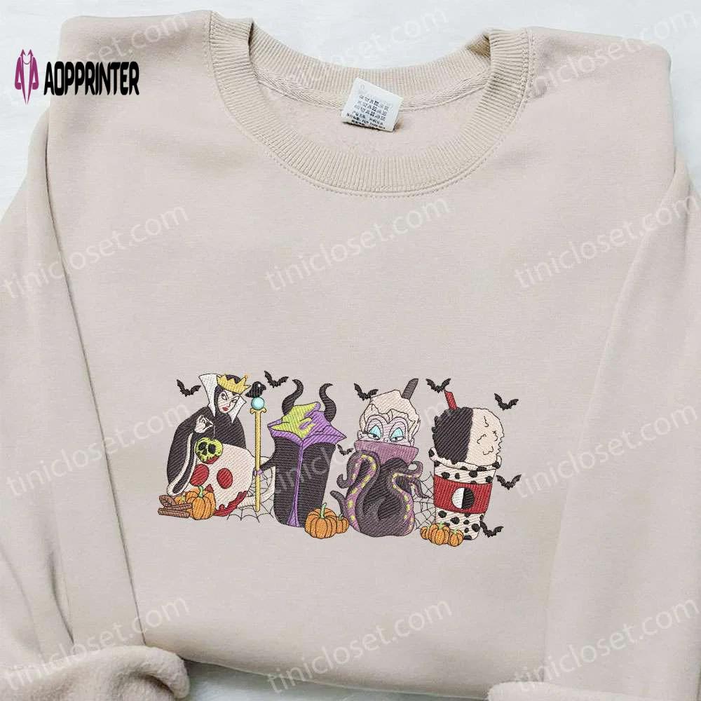Disney villains fall coffee embroidered sweatshirt & hoodie: best halloween gift ideas Embroidered Shirt