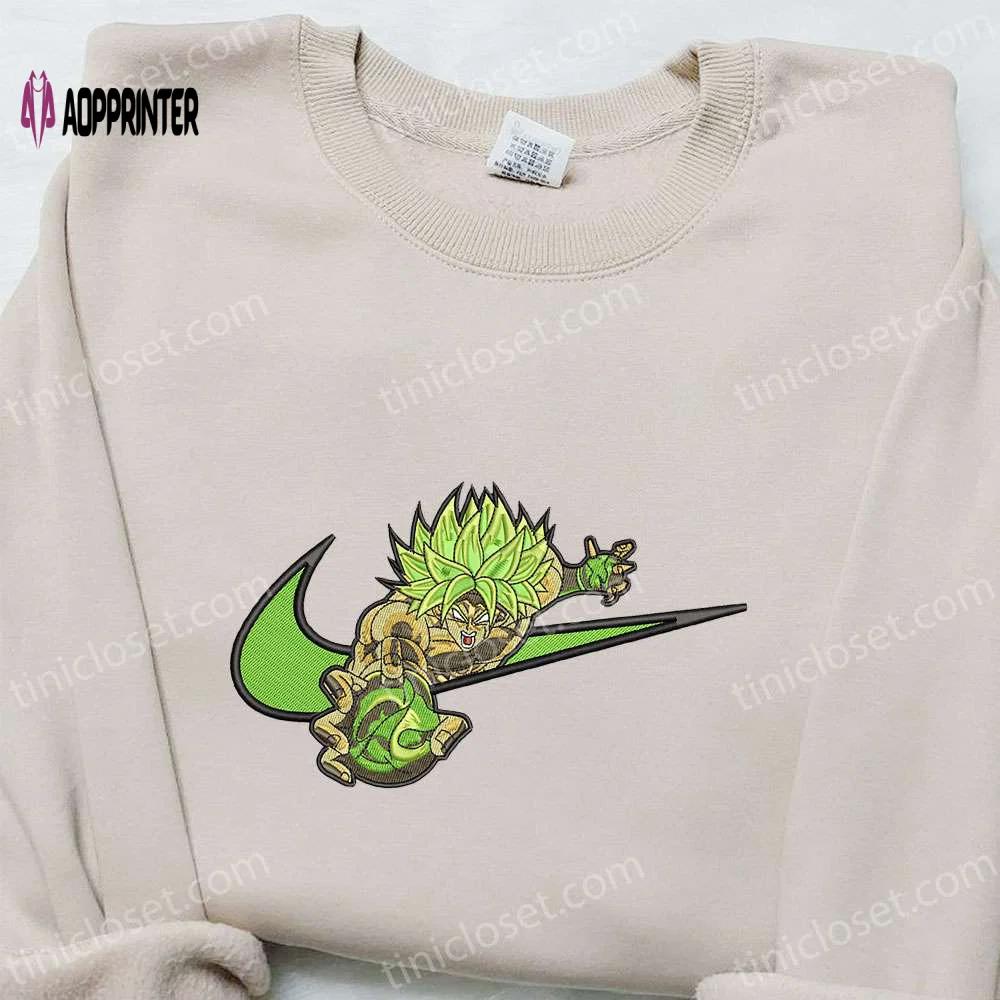 Dragon ball embroidered shirt: broly x nike swoosh anime tee nike inspired design Embroidered Shirt