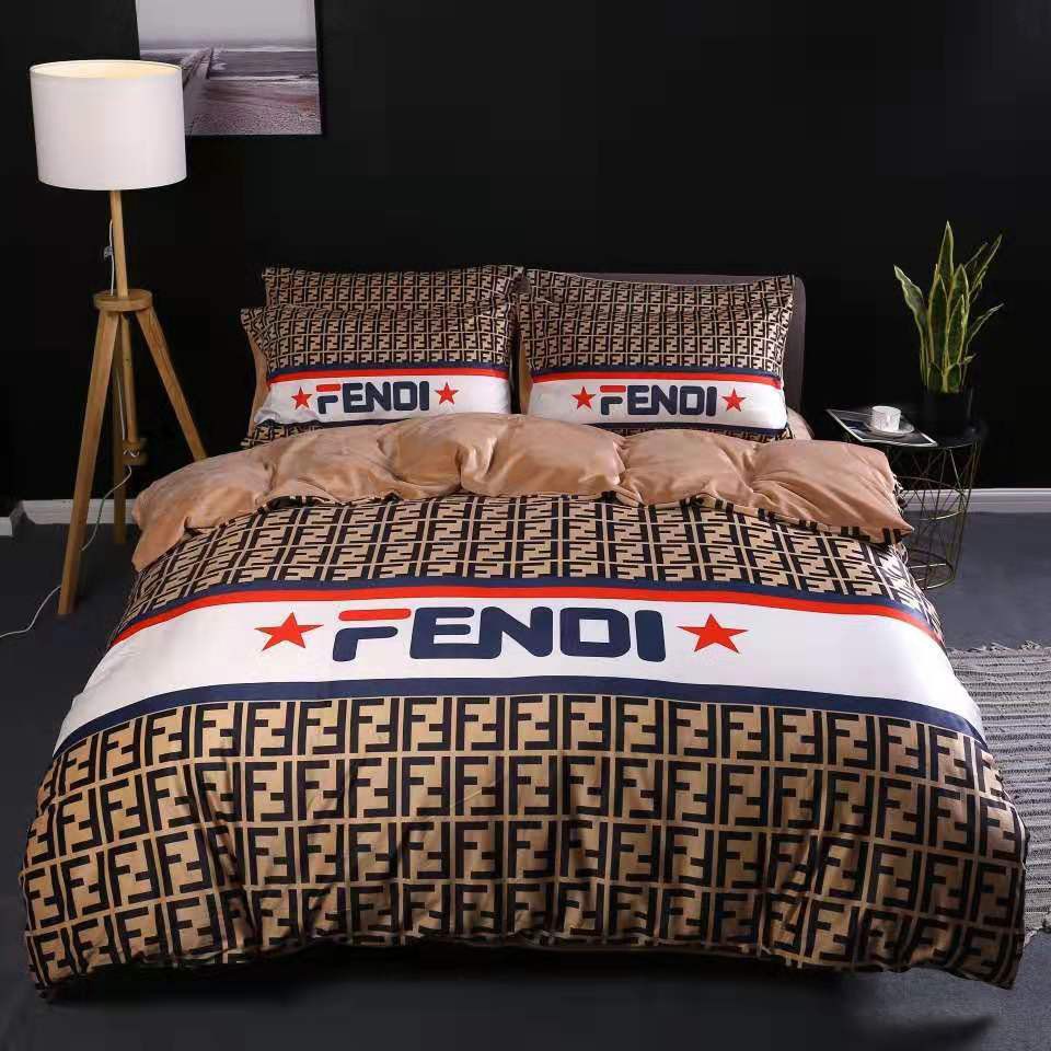 Fendi luxury logo fashion brand premium bedding sets, bedroom decor , thanksgiving decorations for home Bedding Sets