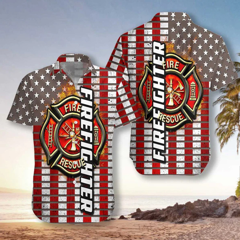Firefighter logo and american flag hawaii shirt Hawaii Shirt Shorts & Flip Flops