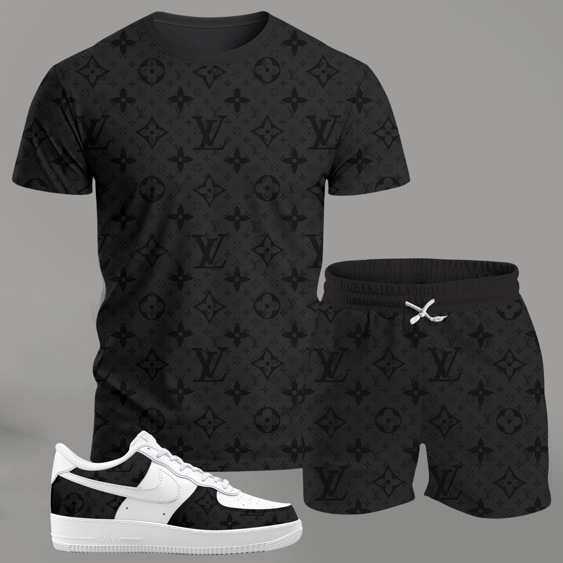 For the girls who love all-black minimal vibes, monogram graphic tee outfit t-shirt – dark tonal pattern | clean girl aesthetic outfit ideas T-Shirt Short Sneakers Set