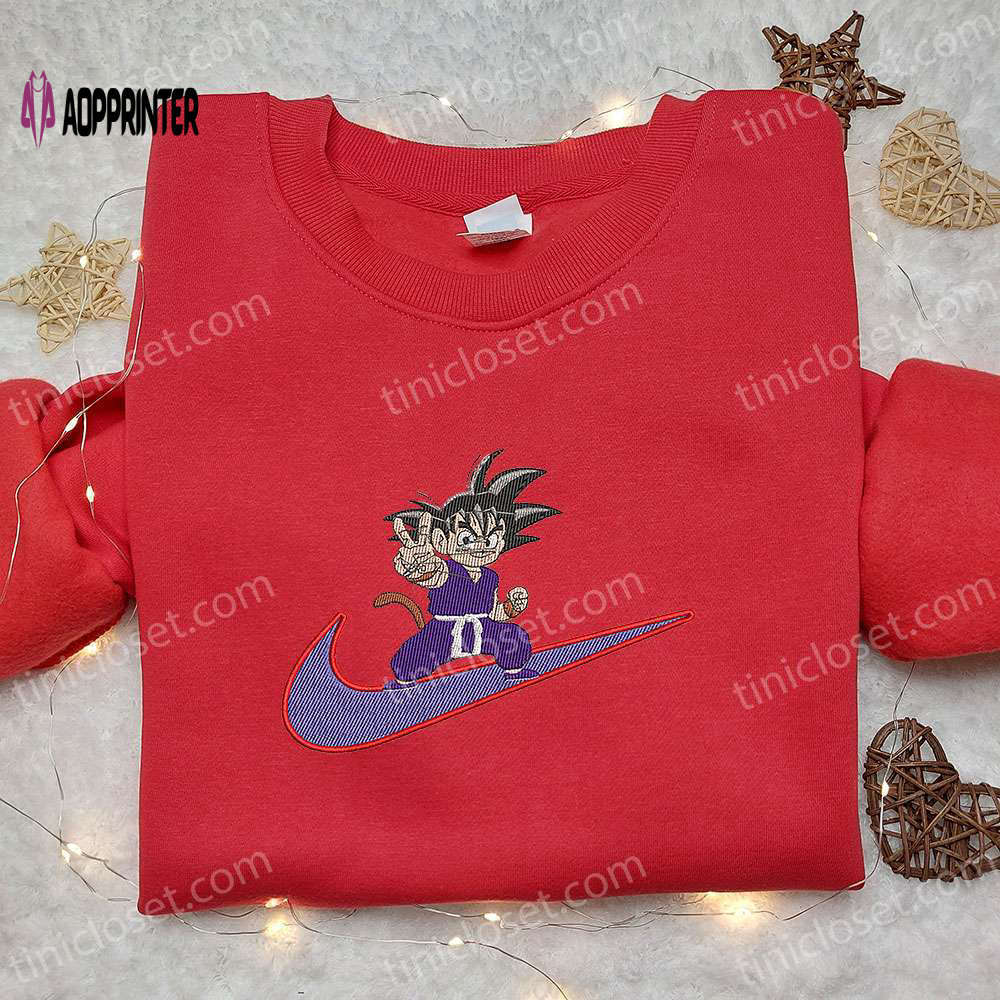 Goku kid x nike swoosh anime embroidered tshirt: dragon ball shirt nike inspired Embroidered Shirt