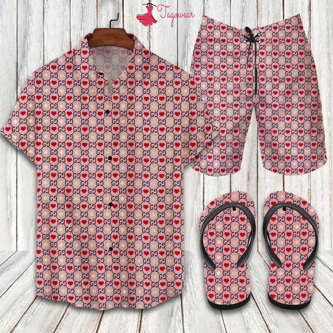 Gucci flip flops and combo hawaiian shirt, beach shorts luxury summer clothes style #294 Hawaii Shirt Shorts & Flip Flops
