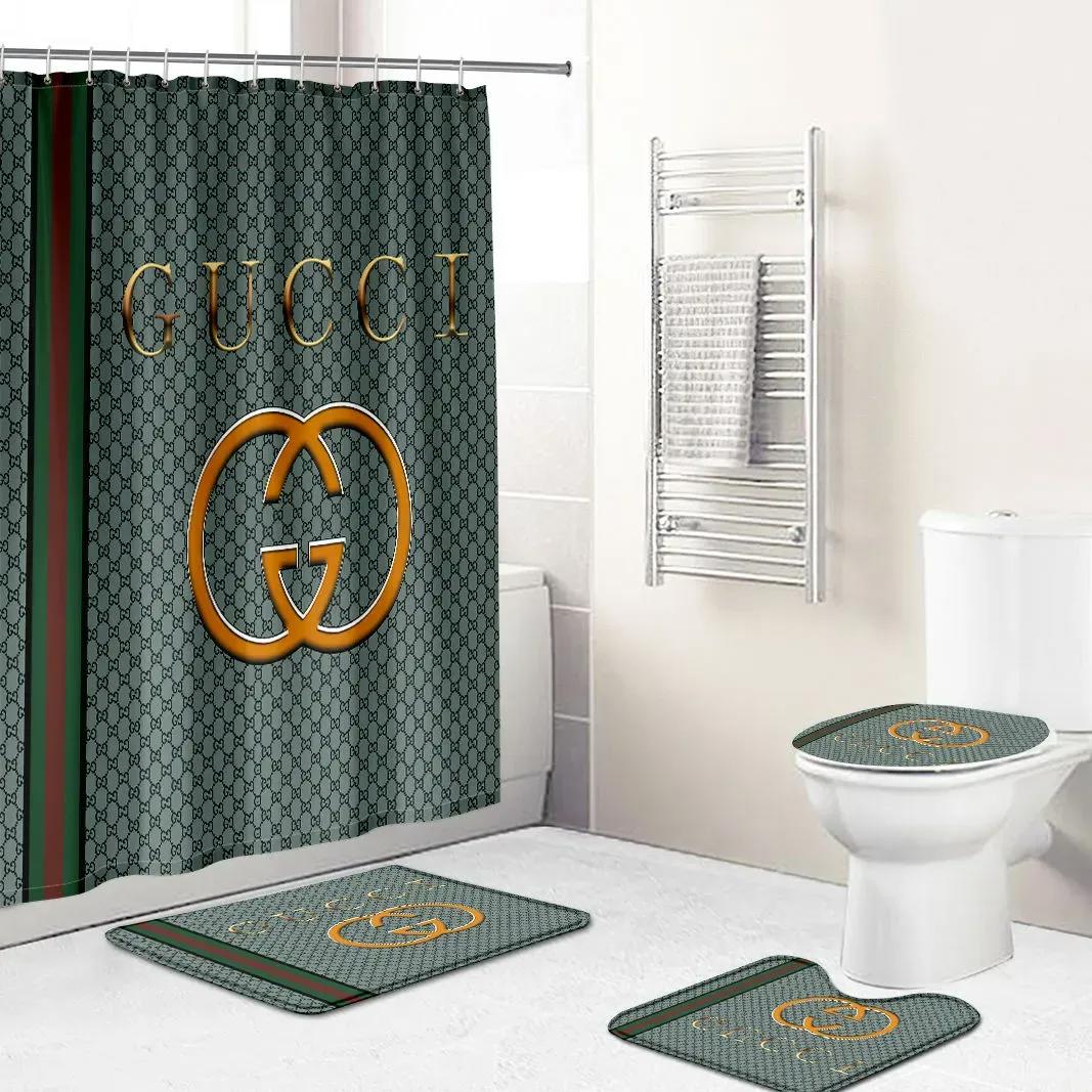 Gucci gc luxury bathroom set gold green 1 logo shower curtain 206 Bathroom Set