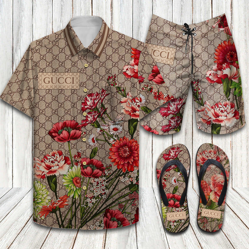 Gucci gg bouquets luxury brand limited combo hawaiian shirt shorts and flip flops Hawaii Shirt Shorts & Flip Flops