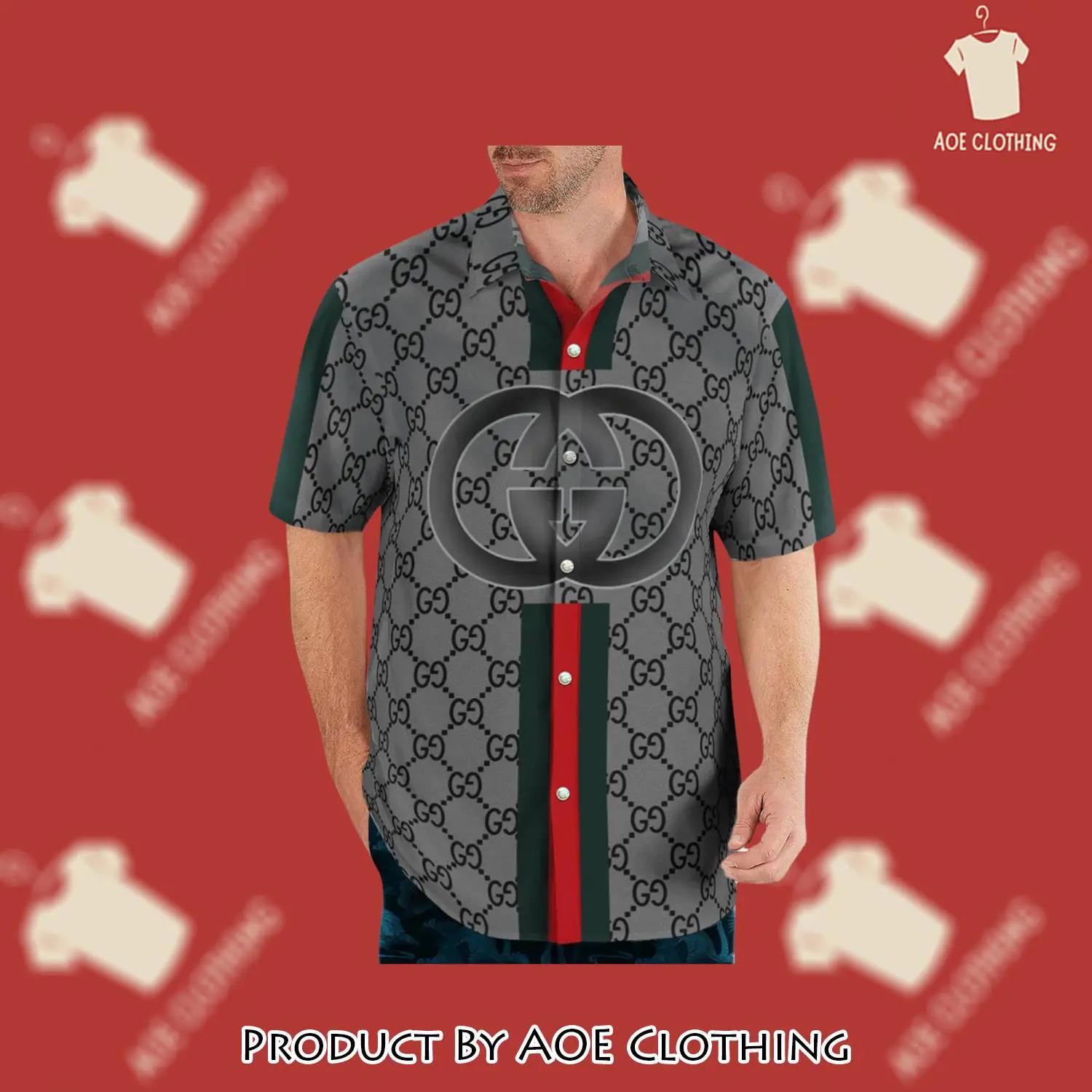 Gucci grey stripes luxury brand premium fashion hawaii shirt Hawaii Shirt Shorts & Flip Flops