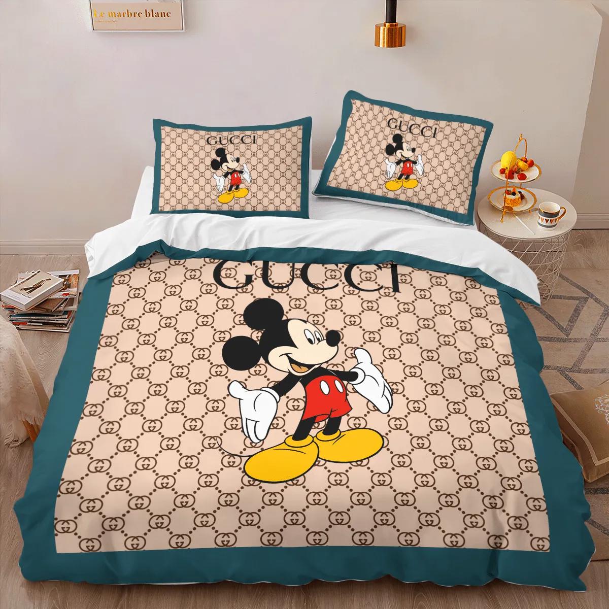 Gucci mickey fashion logo premium luxury brand high-end bedding sets lv, bedroom decor , thanksgiving decorations for home best luxury bed sets gift thankgivings and christmas Bedding Sets