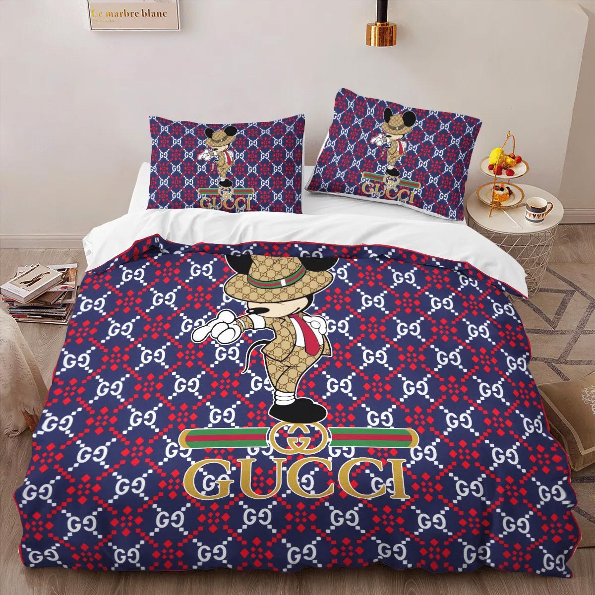 Gucci mickey hot fashion logo premium luxury brand high-end bedding sets lv, bedroom decor , thanksgiving decorations for home best luxury bed sets gift thankgivings and christmas Bedding Sets