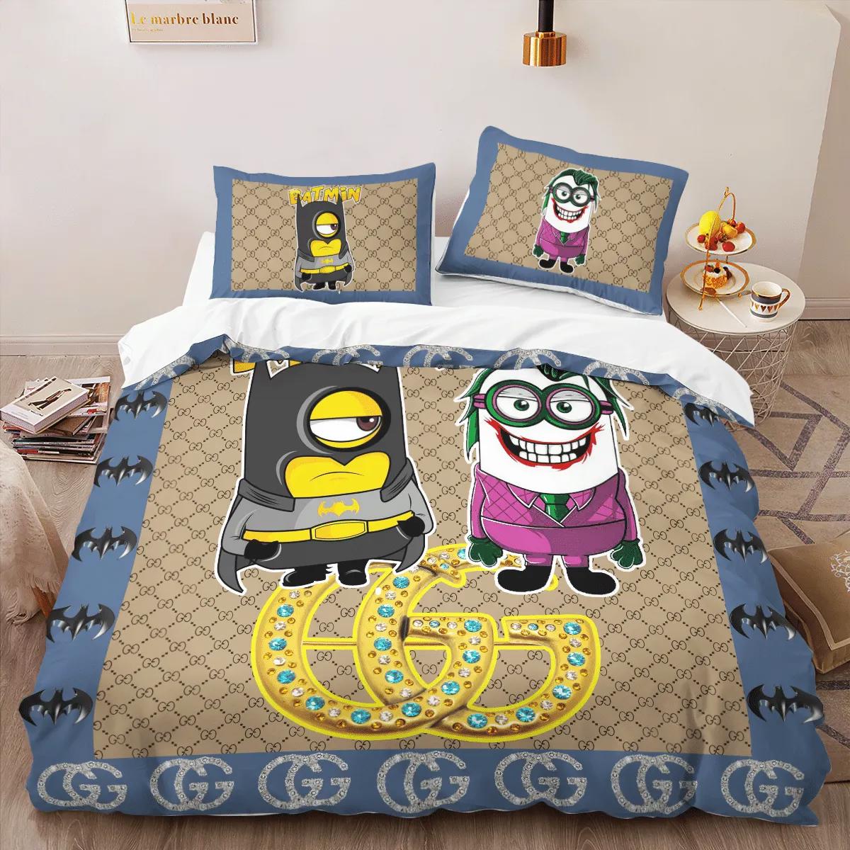 Gucci minions batman jocker luxury brand high-end bedding sets, bedroom decor , thanksgiving decorations for home best luxury bed sets gift thankgivings and christmas Bedding Sets