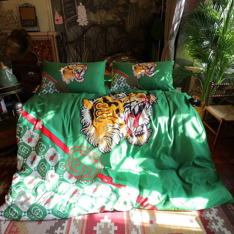 Gucci tiger fashion logo luxury brand bedding sets, bedroom decor , thanksgiving decorations for home Bedding Sets