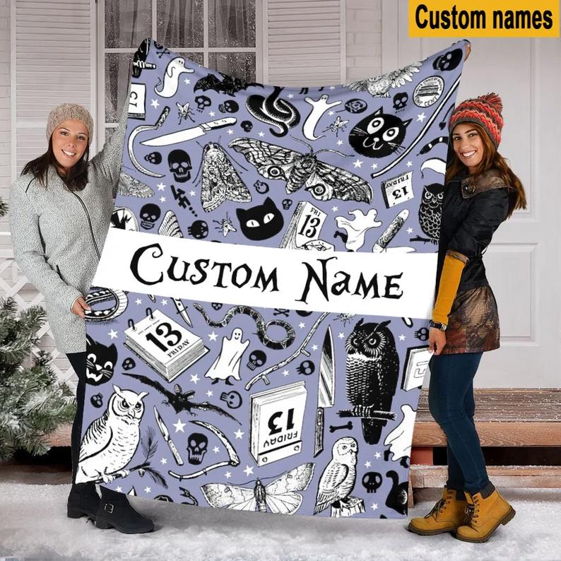 Halloween decorations custom name halloween fleece blanket, owl halloween mink blanket,  halloween pattern christmas gift,  sherpa blanket, friday the 13th Quilt Blanket