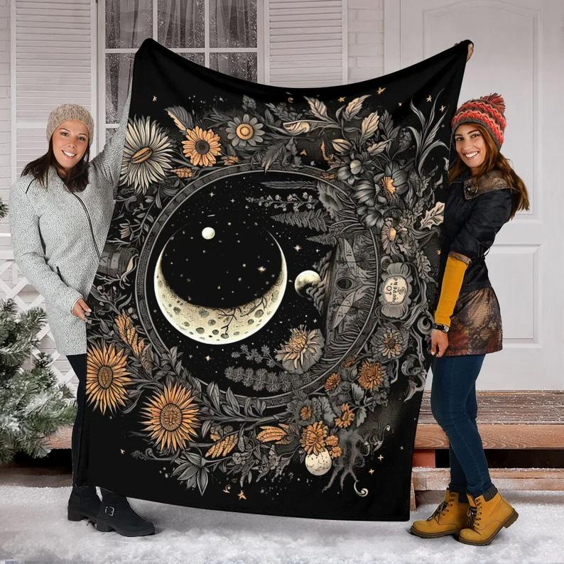 Halloween decorations halloween witch moon blanket, halloween witch blanket, floral halloween blanket, halloween fleece blanket, cozy blanket for all seasons Quilt Blanket