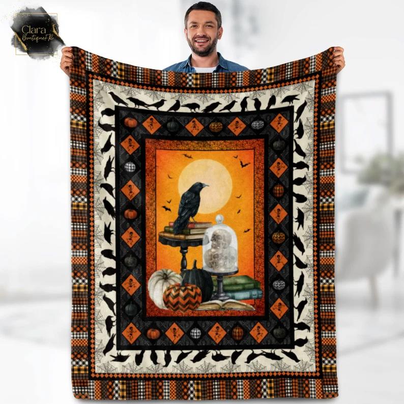 Halloween decorations haunted black crow spider webs skull pumpkin fleece blanket, mink sherpa blanket, halloween blanket, black crow quilt, halloween crow quilt Quilt Blanket