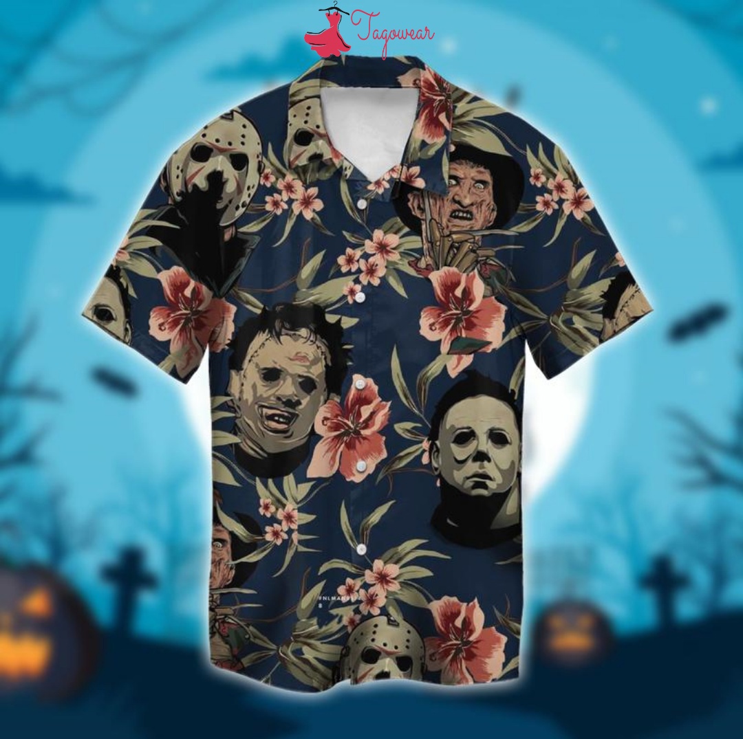 Halloween michael myers jason voorhees freddy krueger leatherface combo hawaiian shirt, beach shorts luxury summer clothes style #258 Hawaii Shirt Shorts & Flip Flops