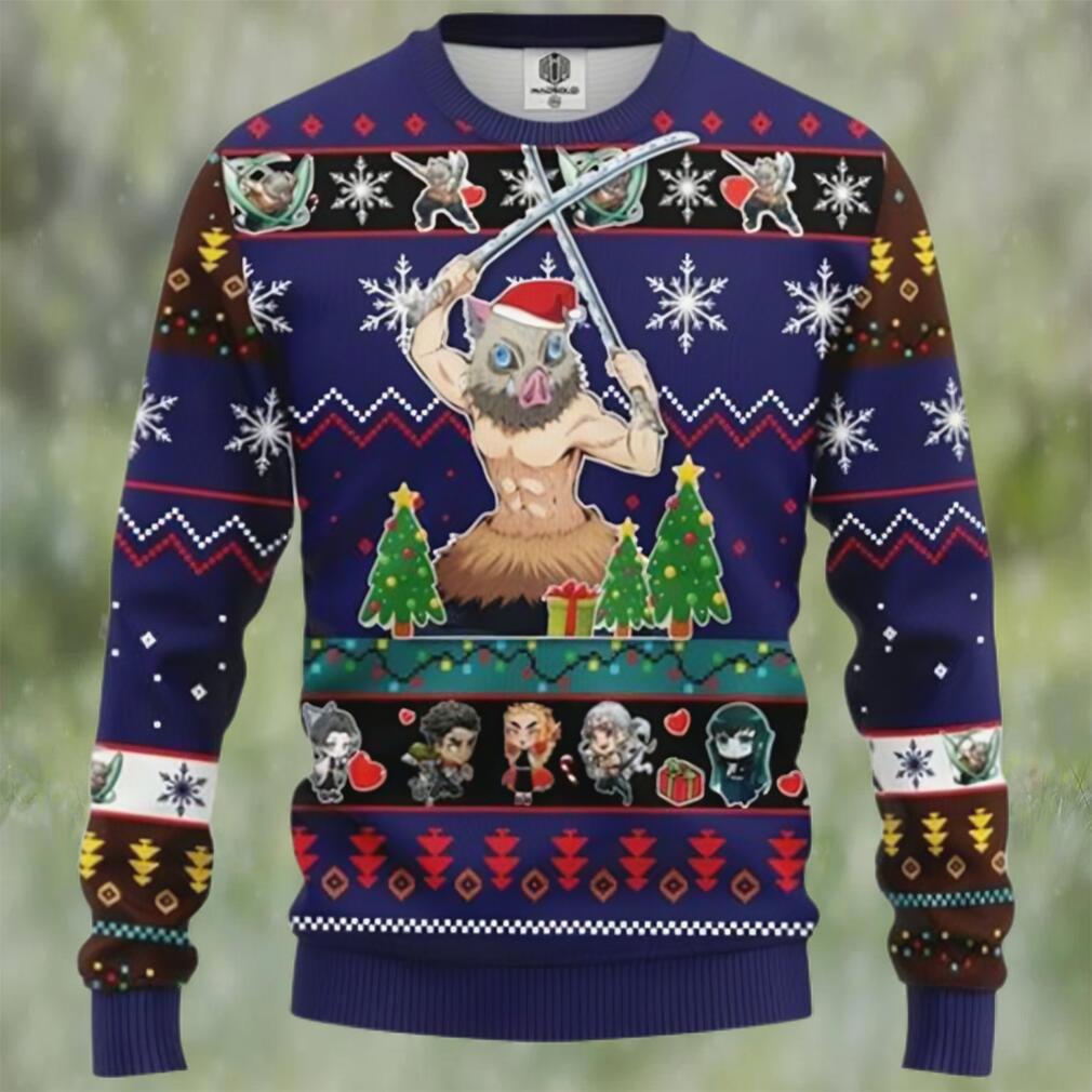 Inosuke hashibira blue demon slayer chibi demon slayer ugly christmas sweater Christmas Ugly Sweater