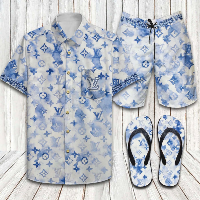 Louis vuitton blue hawaiian shirt beach shorts and flip flops combo Hawaii Shirt Shorts & Flip Flops