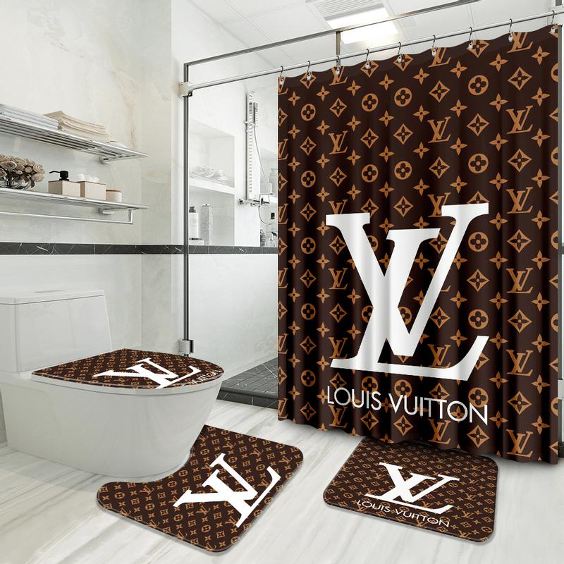 Louis vuitton brown big logo type 718 Bathroom Accessory Sets Home Decor Pedestal Rug Toilet Cover Bath Mat Set Hypebeast Bathroom Luxury Fashion Brand Waterproof Shower Curtain Bathroom Sets
