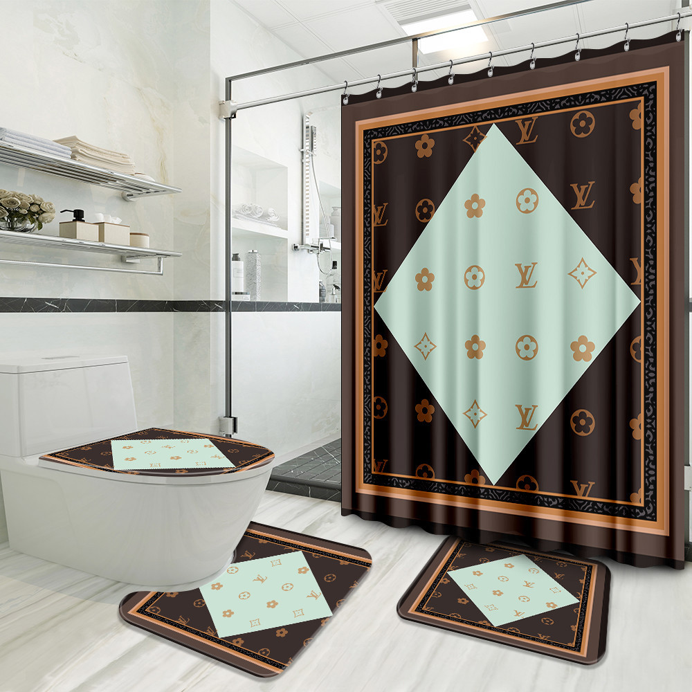 Louis vuitton brown logo type 733 Bathroom Accessory Sets Waterproof Shower Curtain Hypebeast Bathroom Home Decor Luxury Fashion Brand Bathroom Sets Bath Mat Set Pedestal Rug Toilet Cover