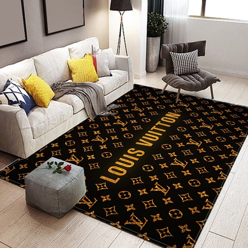 Louis vuitton golden logo type 728. Upgrade Your Living Room with Luxury Home Decor: Area Carpets, Floor Decor, Door Mats, and Hot Gift Items with style a High-End Fashion Brand Rectangle Rug