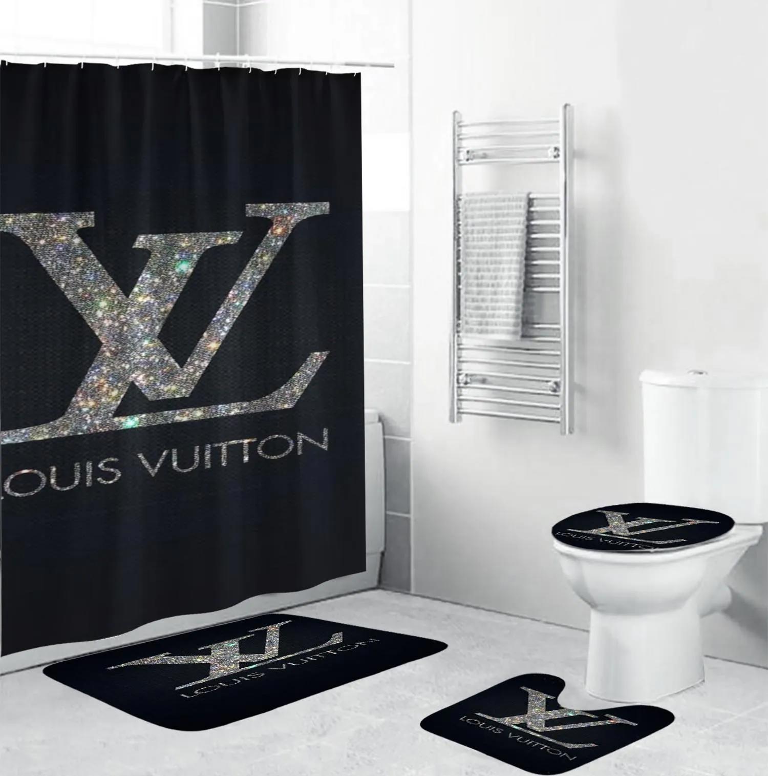 Louis vuitton lv louis vuitton glitterin black background home decor bath mat hypebeast bathroom sets luxury fashion brand Bathroom Set