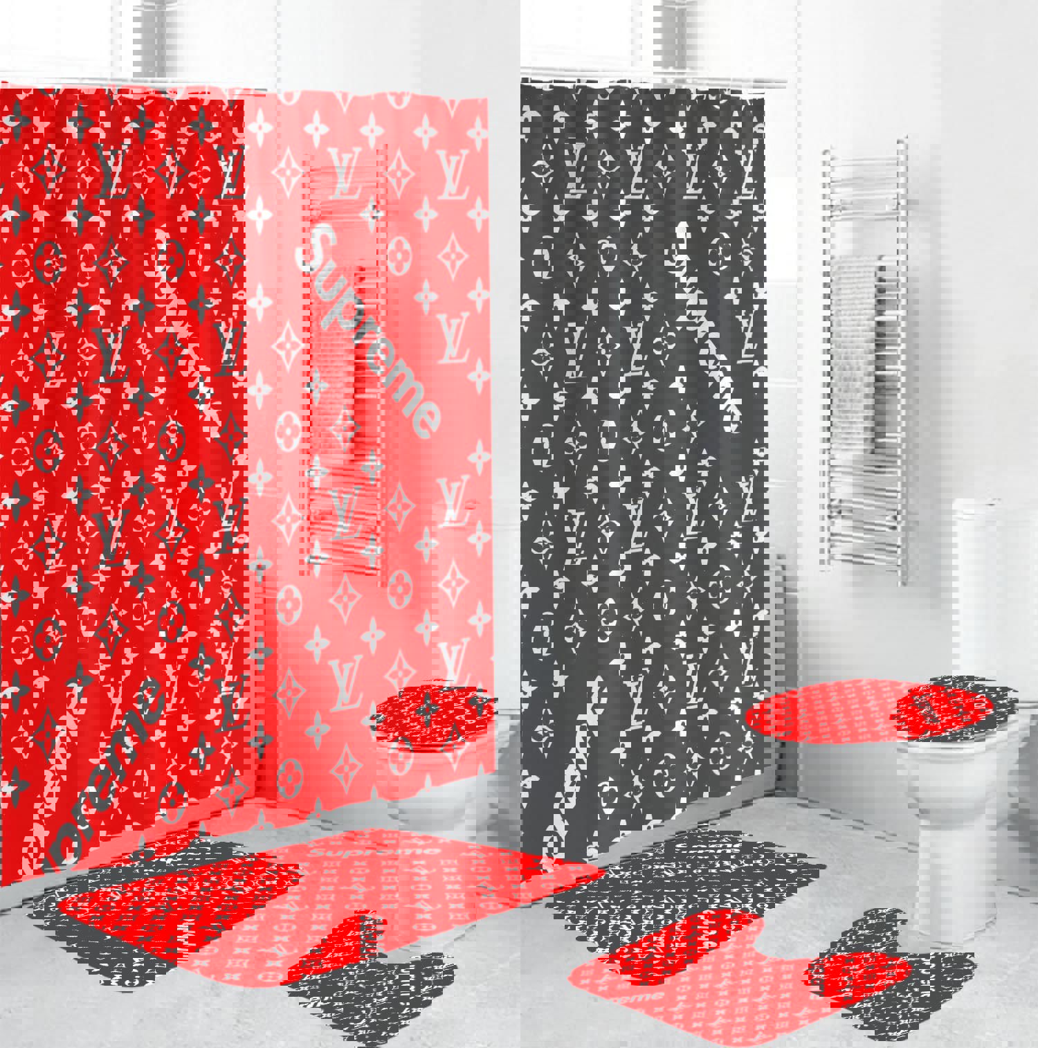 Louis vuitton lv supreme logo type 1580 Bathroom Accessory Sets Home Decor Hypebeast Bathroom Waterproof Shower Curtain Toilet Cover Luxury Fashion Brand Pedestal Rug Bath Mat Set Bathroom Sets