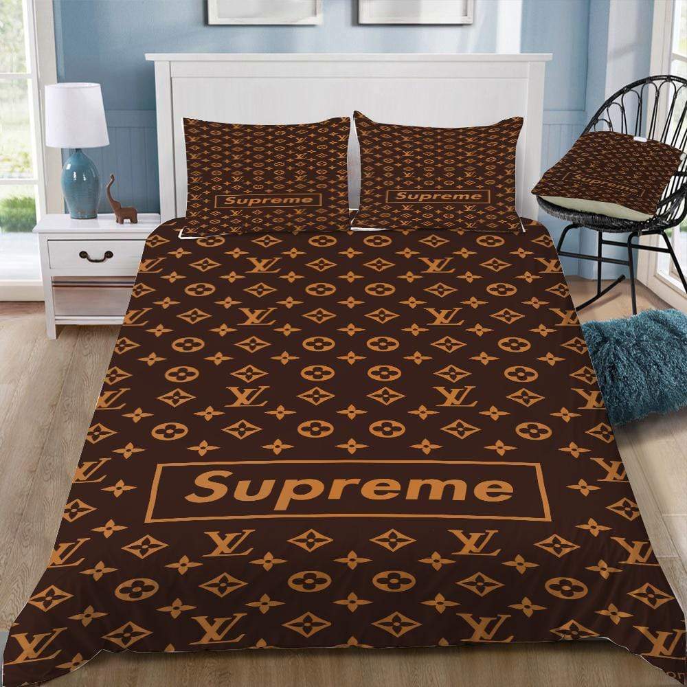 Louis vuitton supreme brown luxury brand logo premium bedding sets,bed sets, bedroom sets, comforter sets, duvet cover, bedspread Bedding Sets