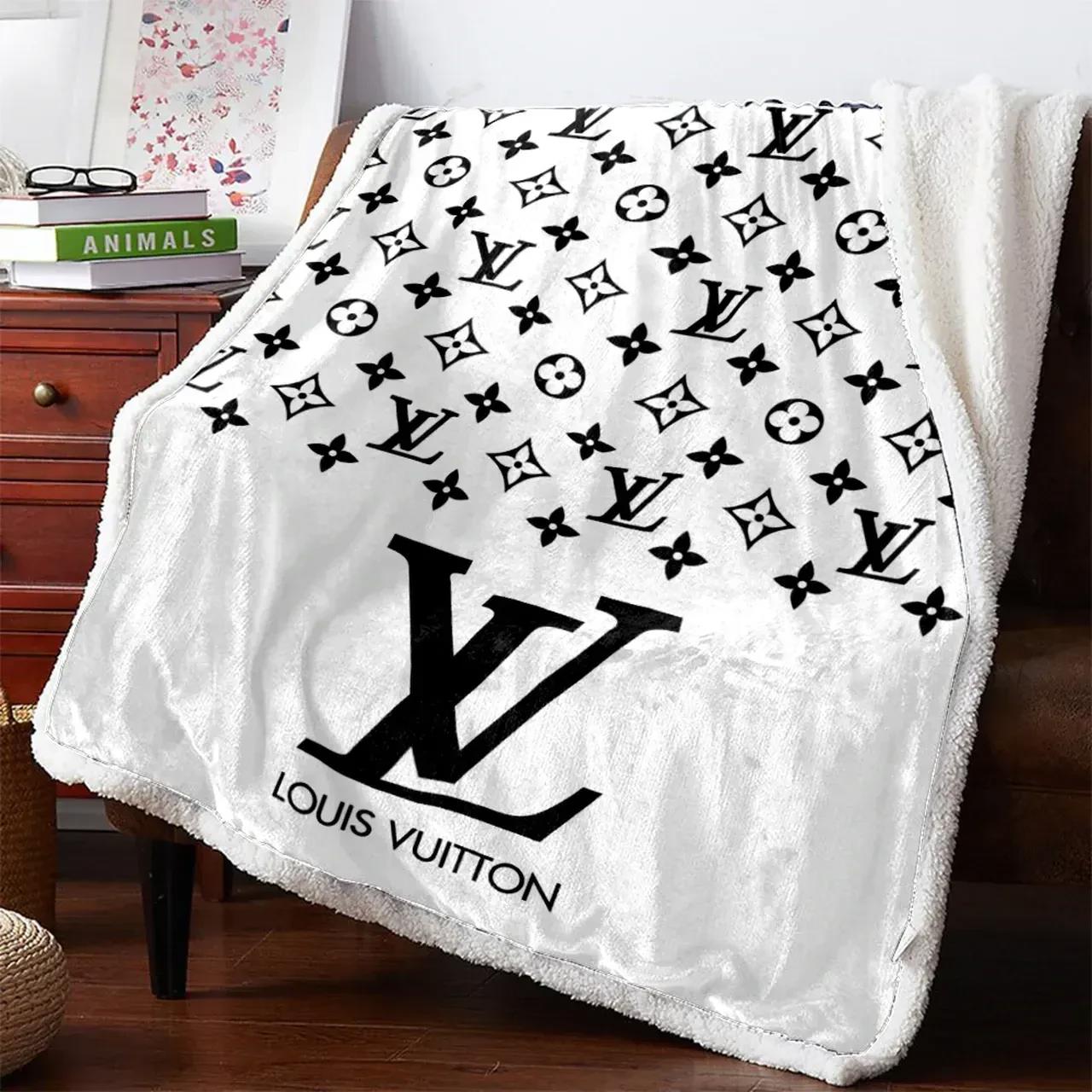 Louis vuitton white fashion logo luxury brand premium blanket fleece home decor 104 Blanket Fleece